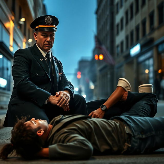 A dramatic scene where a stern police officer in a sharp uniform is seen face sitting a subdued criminal on the ground