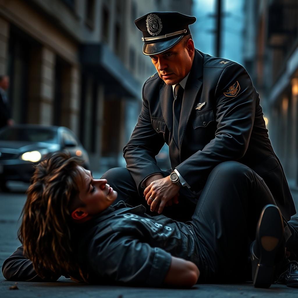 A dramatic scene where a stern police officer in a sharp uniform is seen face sitting a subdued criminal on the ground