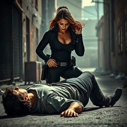 A captivating scene depicting a strong and confident policewoman with an athletic build, showcasing her authoritative presence as she face sits a subdued criminal on the ground