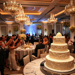 A luxurious 15-year anniversary celebration, featuring elegant decorations and a stunning cake adorned with intricate designs