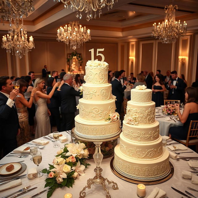 A luxurious 15-year anniversary celebration, featuring elegant decorations and a stunning cake adorned with intricate designs