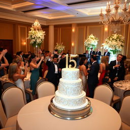 A luxurious 15-year anniversary celebration, featuring elegant decorations and a stunning cake adorned with intricate designs