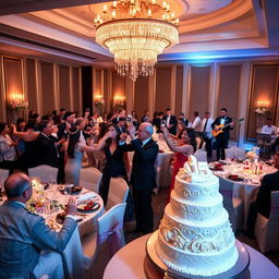 A luxurious 15-year anniversary celebration, featuring elegant decorations and a stunning cake adorned with intricate designs