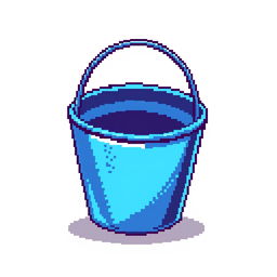 A pixel art image of a colorful bucket, featuring a classic shape with a sturdy handle