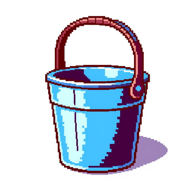 A pixel art image of a colorful bucket, featuring a classic shape with a sturdy handle