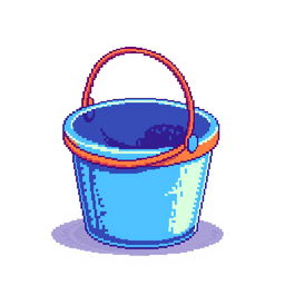 A pixel art image of a colorful bucket, featuring a classic shape with a sturdy handle