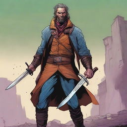 A comic-style digital art illustration showcases a homeless vagrant fighter from a fantasy DnD setting