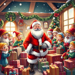 Santa Claus surrounded by his cheerful helpers in a festive North Pole workshop