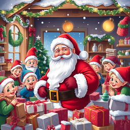 Santa Claus surrounded by his cheerful helpers in a festive North Pole workshop