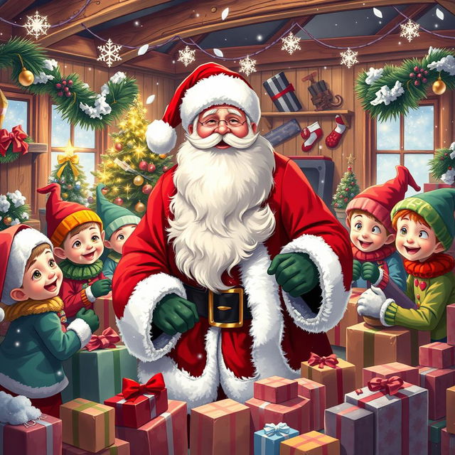 Santa Claus surrounded by his cheerful helpers in a festive North Pole workshop