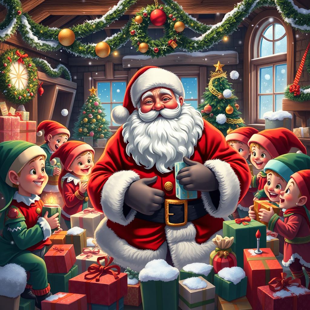 Santa Claus surrounded by his cheerful helpers in a festive North Pole workshop