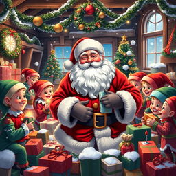 Santa Claus surrounded by his cheerful helpers in a festive North Pole workshop