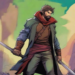 A comic-style digital art illustration showcases a homeless vagrant fighter from a fantasy DnD setting