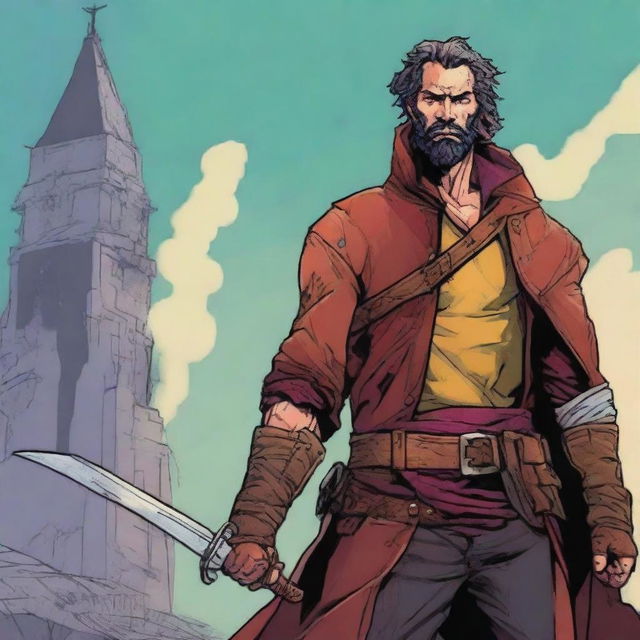 A comic-style digital art illustration showcases a homeless vagrant fighter from a fantasy DnD setting