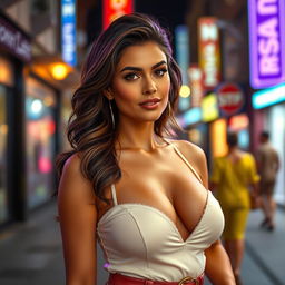 A beautiful woman with a large breast size, standing confidently in a chic outfit, with a captivating expression