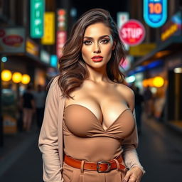A beautiful woman with a large breast size, standing confidently in a chic outfit, with a captivating expression