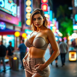 A beautiful woman with a large breast size, standing confidently in a chic outfit, with a captivating expression