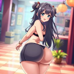 An anime girl with a voluptuous figure, featuring large breasts and a curvy bottom, depicted in a stylish, attractive pose, emphasizing her proportions with a playful and confident expression