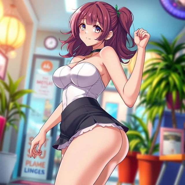 An anime girl with a voluptuous figure, featuring large breasts and a curvy bottom, depicted in a stylish, attractive pose, emphasizing her proportions with a playful and confident expression