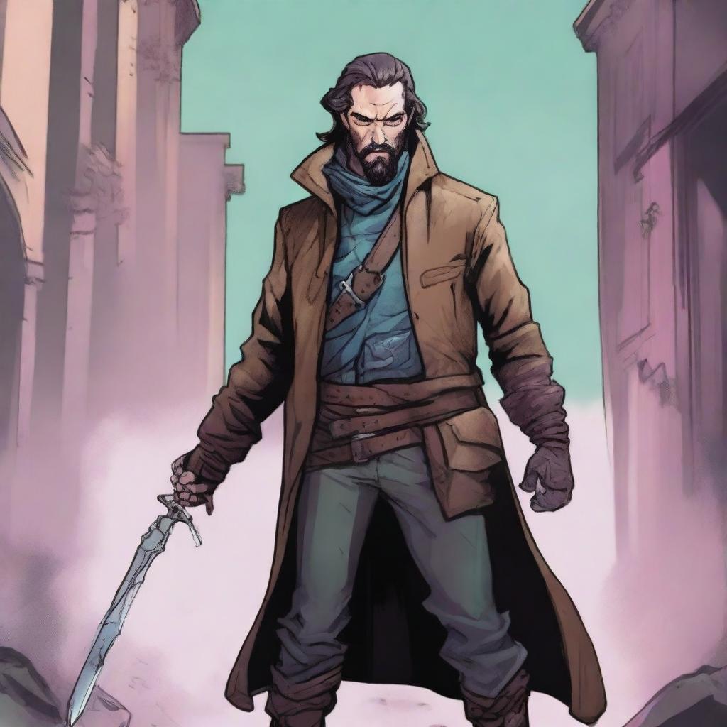 A comic-style digital art illustration showcases a homeless vagrant fighter from an eldritch fantasy DnD setting