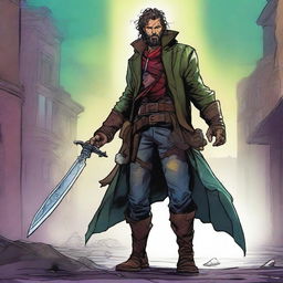 A comic-style digital art illustration showcases a homeless vagrant fighter from an eldritch fantasy DnD setting