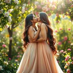 A magical moment featuring two beautiful South Asian women, resembling popular actresses Kruti Sanon and Kiara Advani, sharing a tender kiss