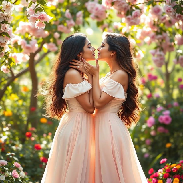 A magical moment featuring two beautiful South Asian women, resembling popular actresses Kruti Sanon and Kiara Advani, sharing a tender kiss