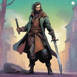 A comic-style digital art illustration showcases a homeless vagrant fighter from an eldritch fantasy DnD setting