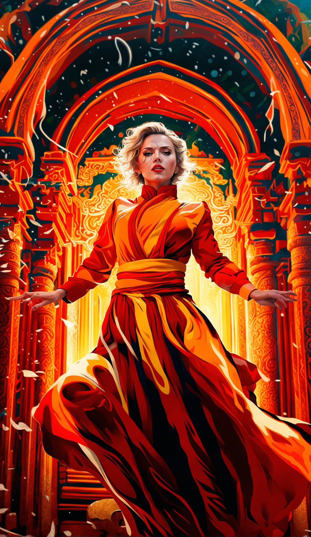 This is a high-quality digital art image featuring Scarlett Johansson in vibrant monk robes, levitating in front of an ornate temple