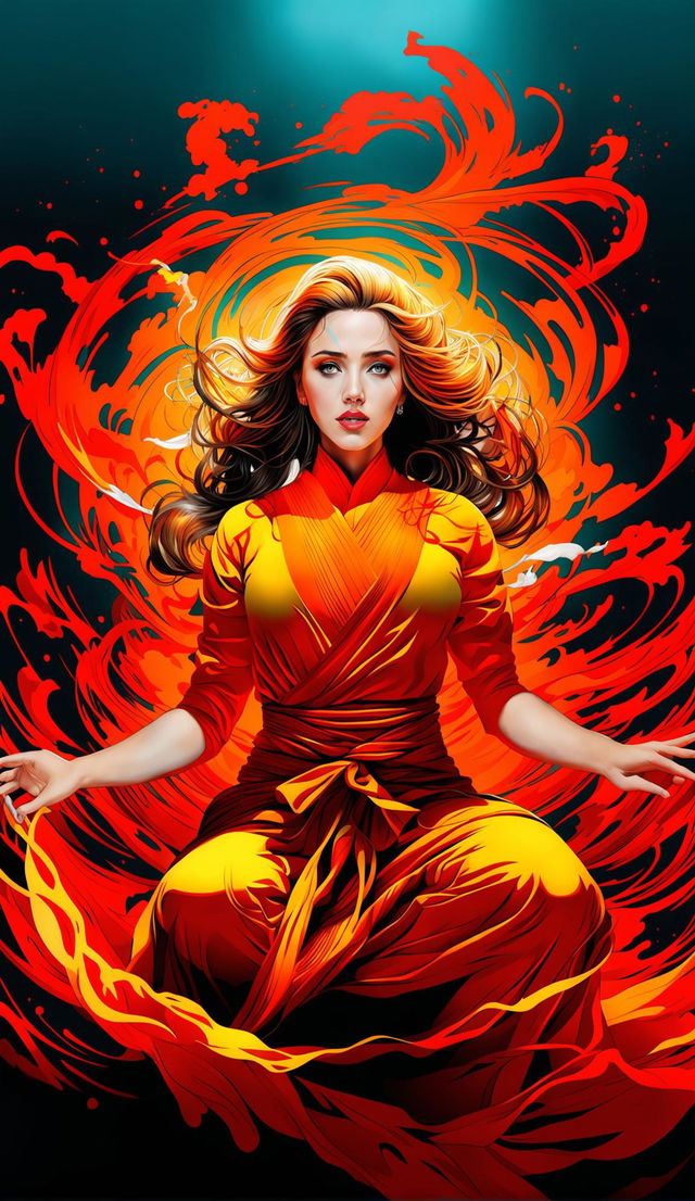 This is a high-quality digital art image featuring Scarlett Johansson in vibrant monk robes, air bending