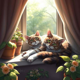 A beautifully artistic depiction of a cat lounging gracefully on a sunlit windowsill, surrounded by potted plants and soft curtains, showcasing its glossy fur and vibrant green eyes, with a peaceful ambiance and a touch of playfulness