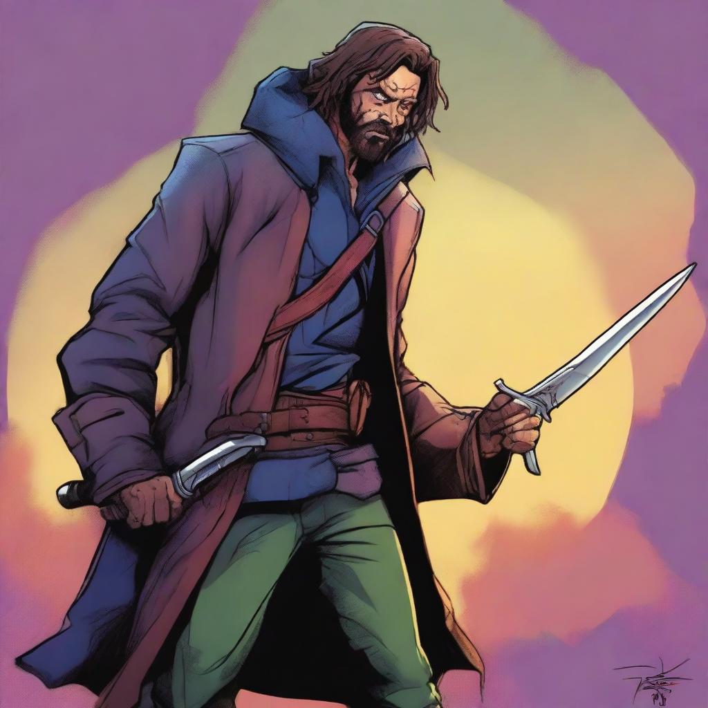 A comic-style digital art illustration portrays a homeless vagrant fighter from an eldritch fantasy DnD setting