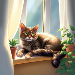 A beautifully artistic depiction of a cat lounging gracefully on a sunlit windowsill, surrounded by potted plants and soft curtains, showcasing its glossy fur and vibrant green eyes, with a peaceful ambiance and a touch of playfulness