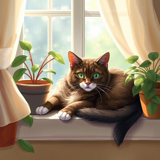 A beautifully artistic depiction of a cat lounging gracefully on a sunlit windowsill, surrounded by potted plants and soft curtains, showcasing its glossy fur and vibrant green eyes, with a peaceful ambiance and a touch of playfulness