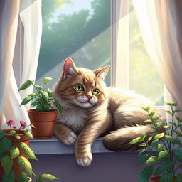 A beautifully artistic depiction of a cat lounging gracefully on a sunlit windowsill, surrounded by potted plants and soft curtains, showcasing its glossy fur and vibrant green eyes, with a peaceful ambiance and a touch of playfulness