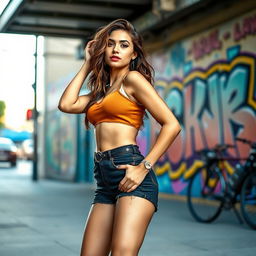A chic and fashionable woman confidently posing in an urban setting, dressed in stylish high-waisted shorts and a crop top, showcasing her curves in a playful yet classy manner