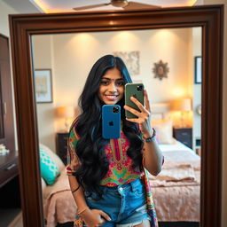 A vibrant and engaging mirror selfie taken by a teenage girl in India