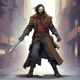 A comic-style digital art illustration portrays a homeless vagrant fighter from an eldritch fantasy DnD setting