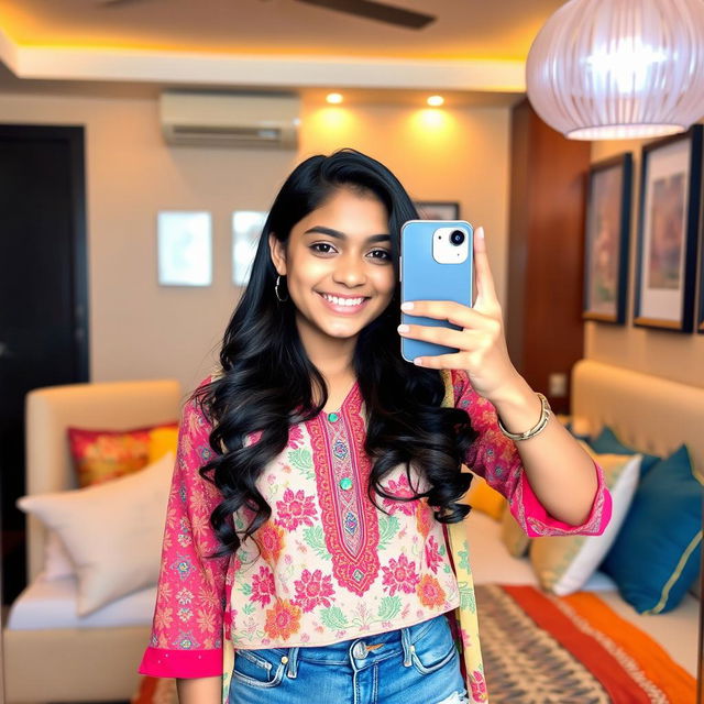 A vibrant and engaging mirror selfie taken by a teenage girl in India