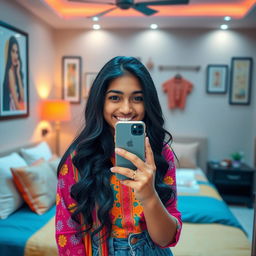 A vibrant and engaging mirror selfie taken by a teenage girl in India