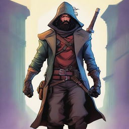 A comic-style digital art illustration portrays a homeless vagrant fighter from an eldritch fantasy DnD setting