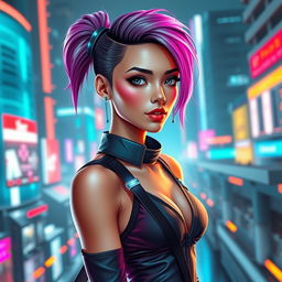 A futuristic portrait of a confident, thin, and beautiful young woman from the future, showcasing advanced fashion, glowing accessories, and an urban sci-fi background
