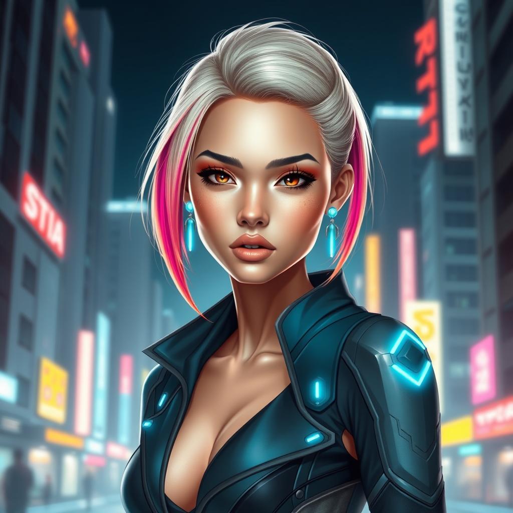 A futuristic portrait of a confident, thin, and beautiful young woman from the future, showcasing advanced fashion, glowing accessories, and an urban sci-fi background
