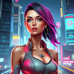 A futuristic portrait of a confident, thin, and beautiful young woman from the future, showcasing advanced fashion, glowing accessories, and an urban sci-fi background