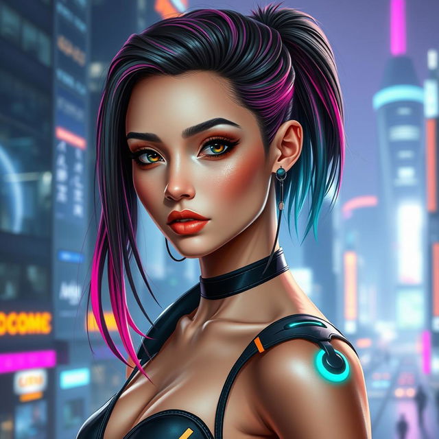 A futuristic portrait of a confident, thin, and beautiful young woman from the future, showcasing advanced fashion, glowing accessories, and an urban sci-fi background