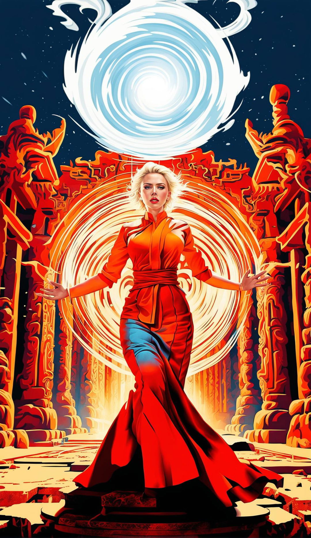 This is a high-quality digital art image featuring Scarlett Johansson in vibrant monk robes, shooting dense white air from her palms in front of an ornate temple, creating a surreal and visually striking scene