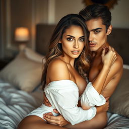 A contemporary, expressive, and intimate bedroom scene showcasing a confident and beautiful woman in a sensual pose, highlighting her poised demeanor and allure