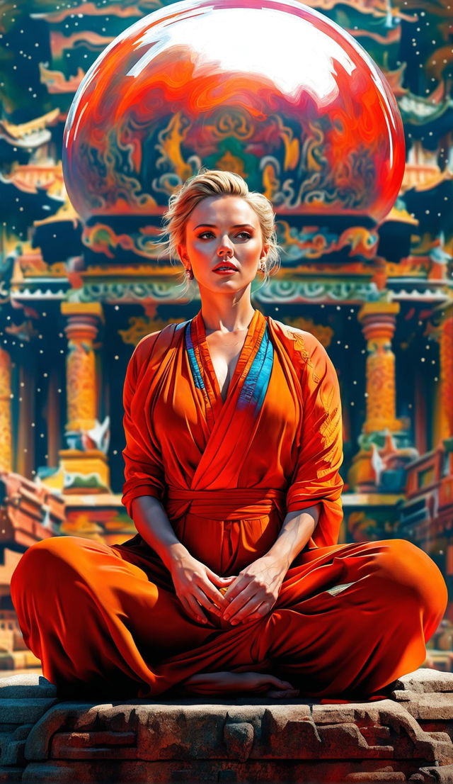 This is a high-quality realistic digital art image featuring Scarlett Johansson in vibrant monk robes, sitting on a ball of air in front of an ornate temple