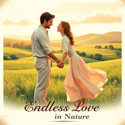 A vintage poster depicting a romantic couple standing in a beautiful countryside setting