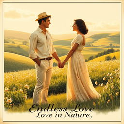 A vintage poster depicting a romantic couple standing in a beautiful countryside setting